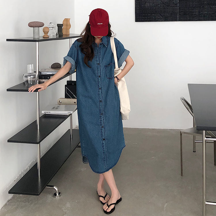 Short Sleeve Denim Shirt Dress for Women Loose Jean