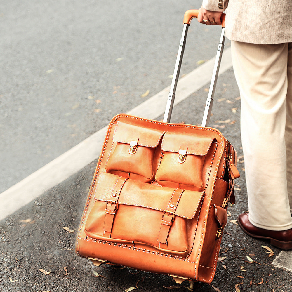 Leather Carry On Trolley Suitcase Cabin Bag with Wheels