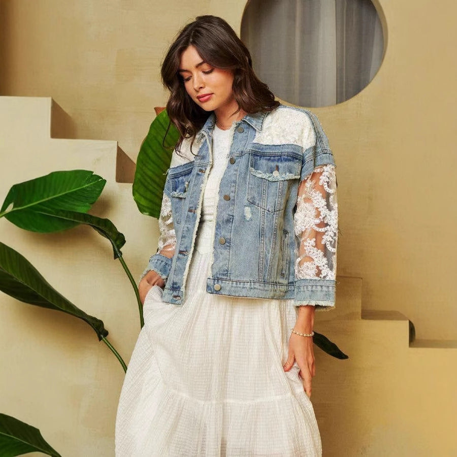 Mesh Spliced Oversized Denim Jacket with Lace Sleeves