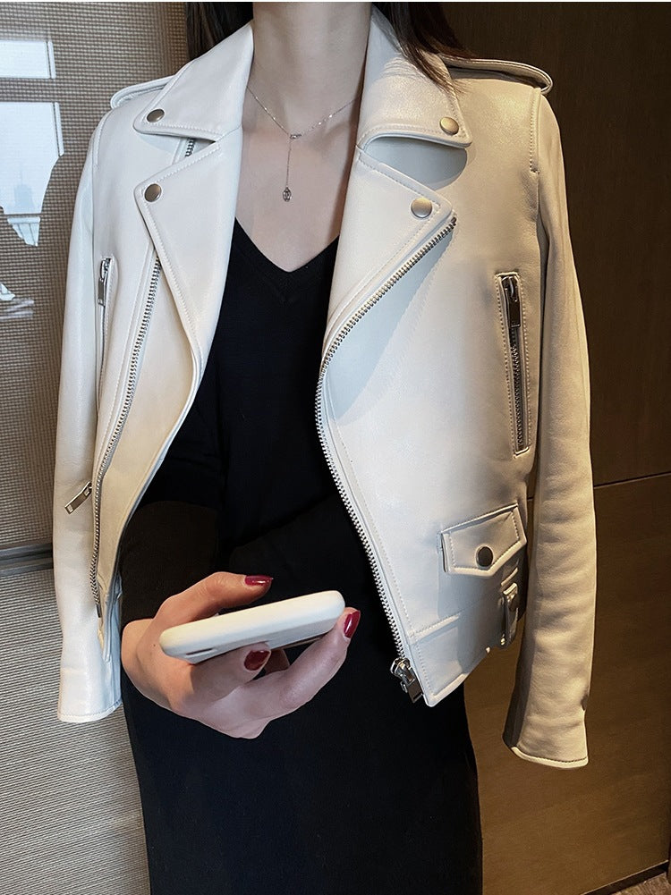 Women Leather Moto Jacket Cropped Motorcycle Jacket