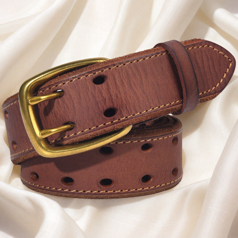 Men’s Genuine Leather Belt with Double Row Holes