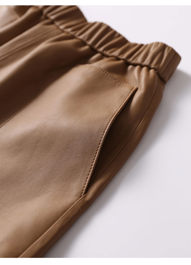 Women’s Genuine Sheepskin Leather High Waist Shorts with Pockets