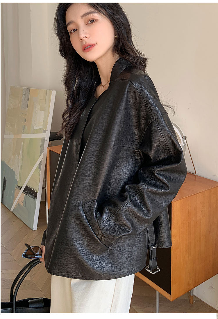 Women Leather Jacket Lychee Grain Belted Short Coat
