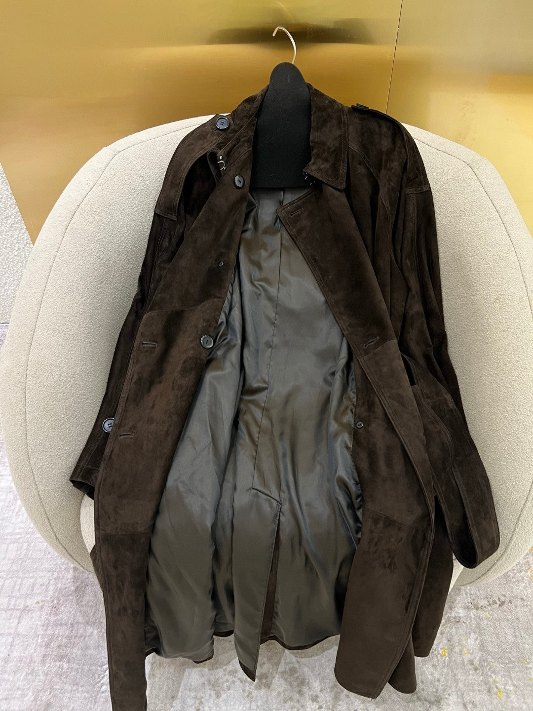 Women’s Brown Suede Double-Breasted Trench Coat with Belt