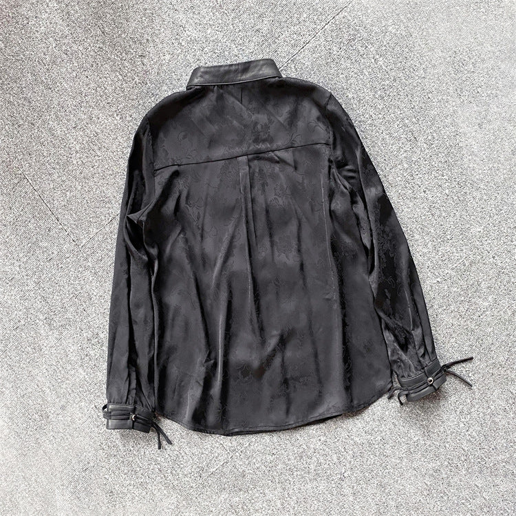 Leather Top for Women with Jacquard Sleeves and Mandarin Collar