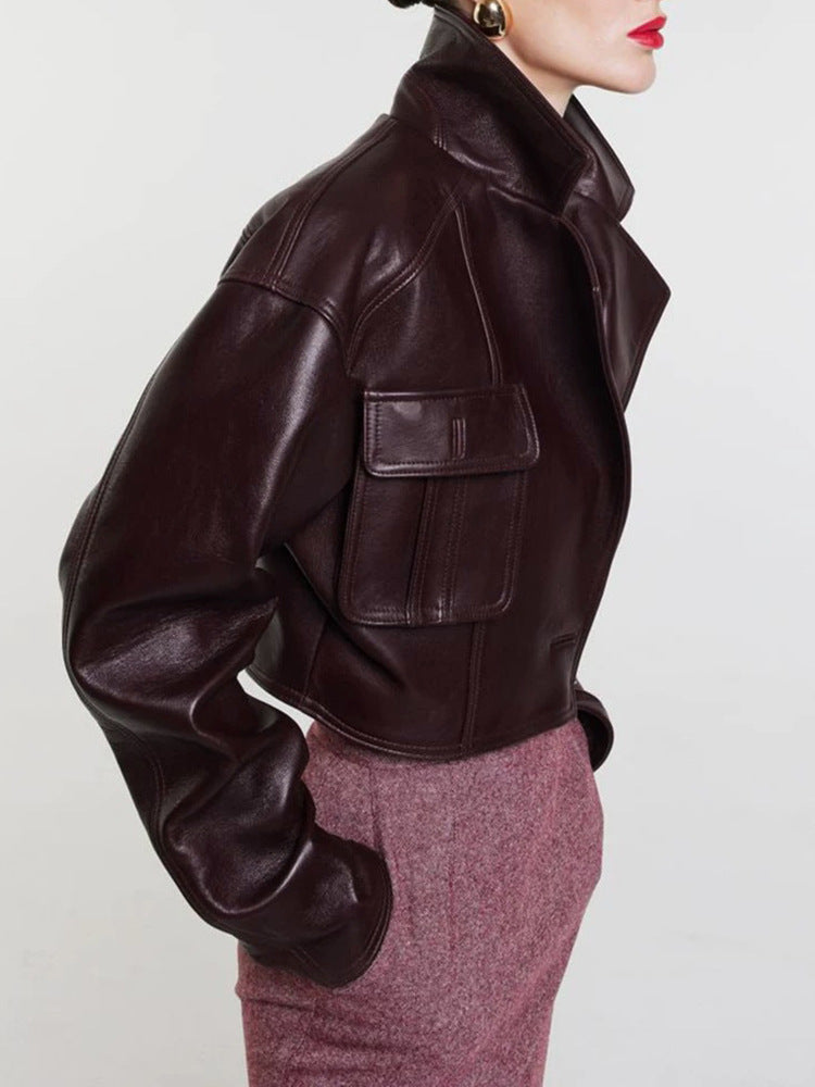 Women Leather Jacket Cropped Maroon Workwear Coat