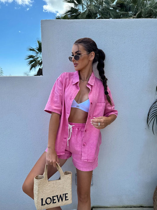 Pink Denim Two Piece Short Set for Women