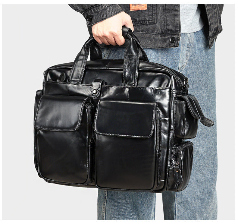 Genuine Leather Office Briefcase Bag with Suitcase Sleeve