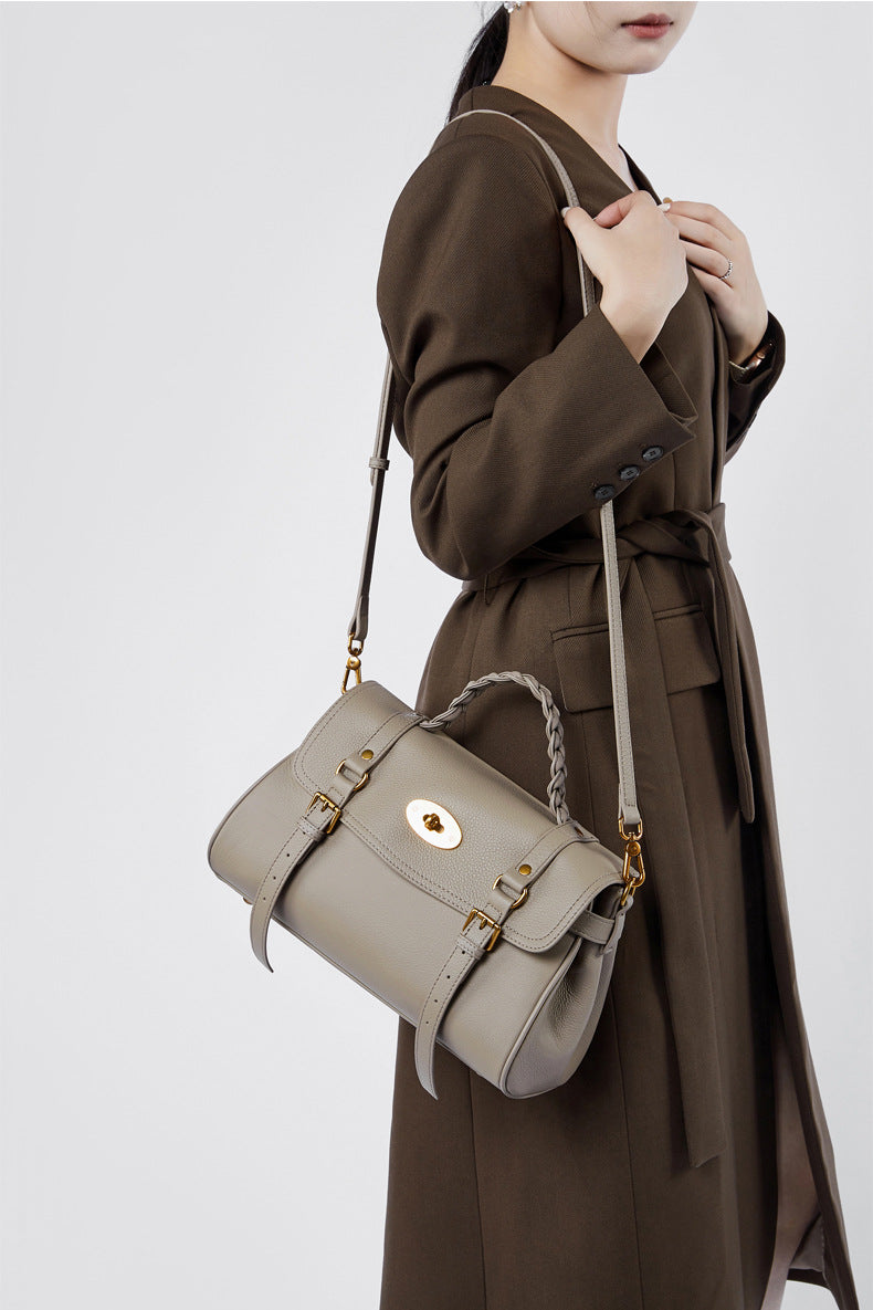 Black Leather Shoulder Bag for Women Braided Handle