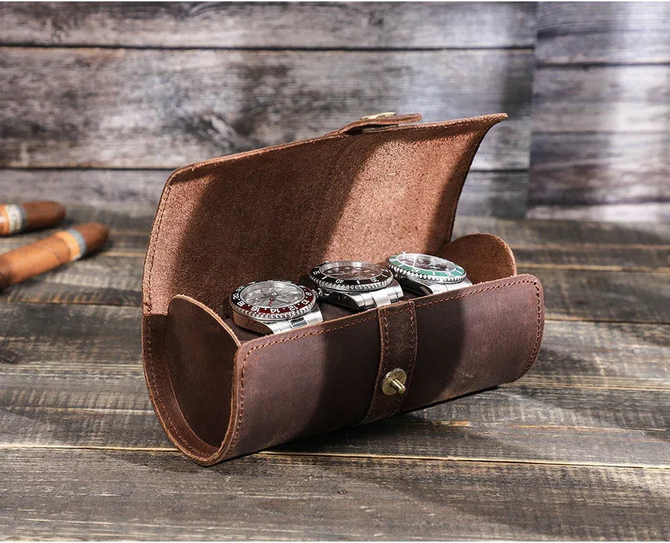 3 Slot Luxury Cylinder Leather Watch Organizer