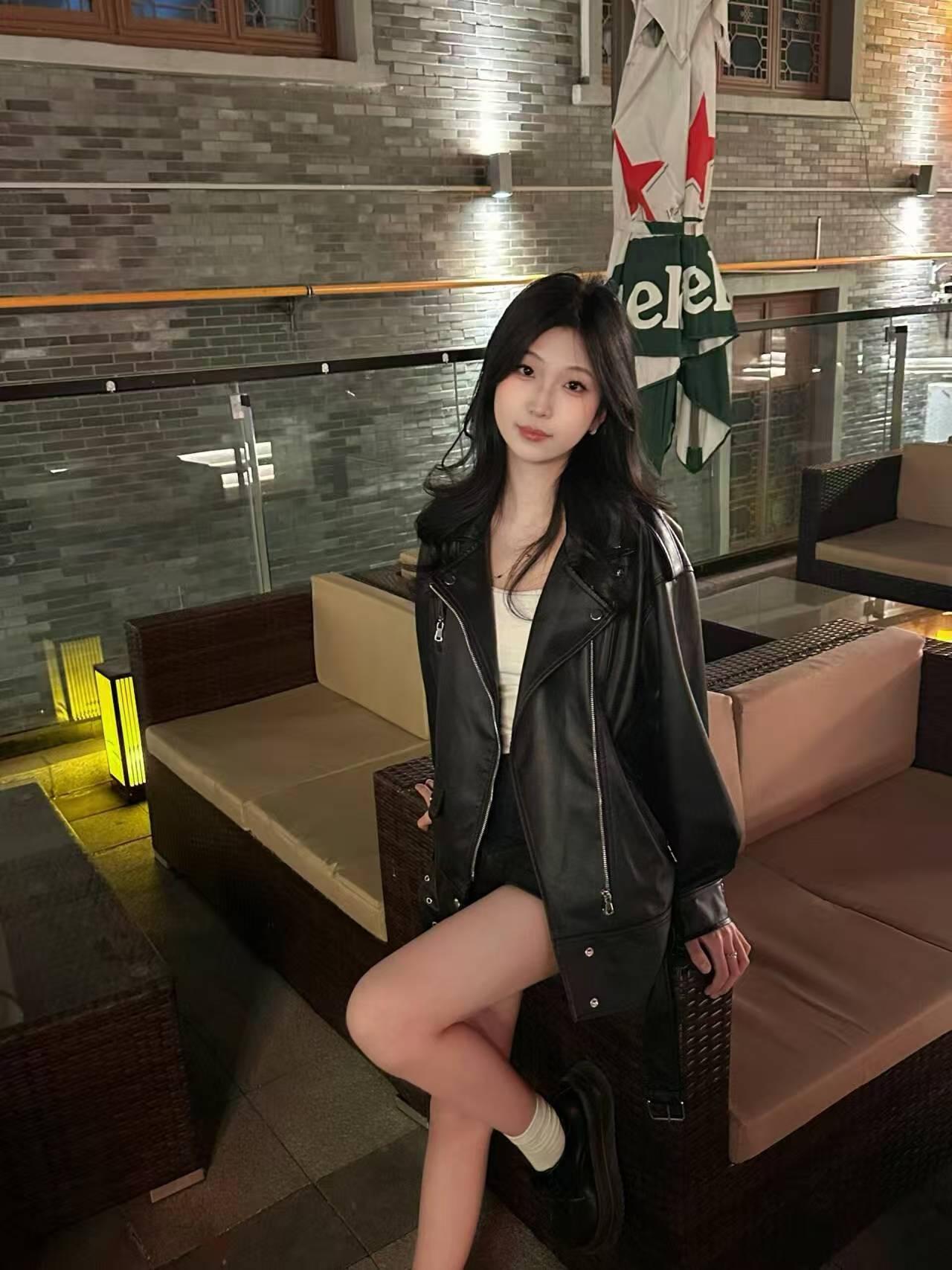 Women’s Leather Bomber Jacket Moto Style Zip Belted