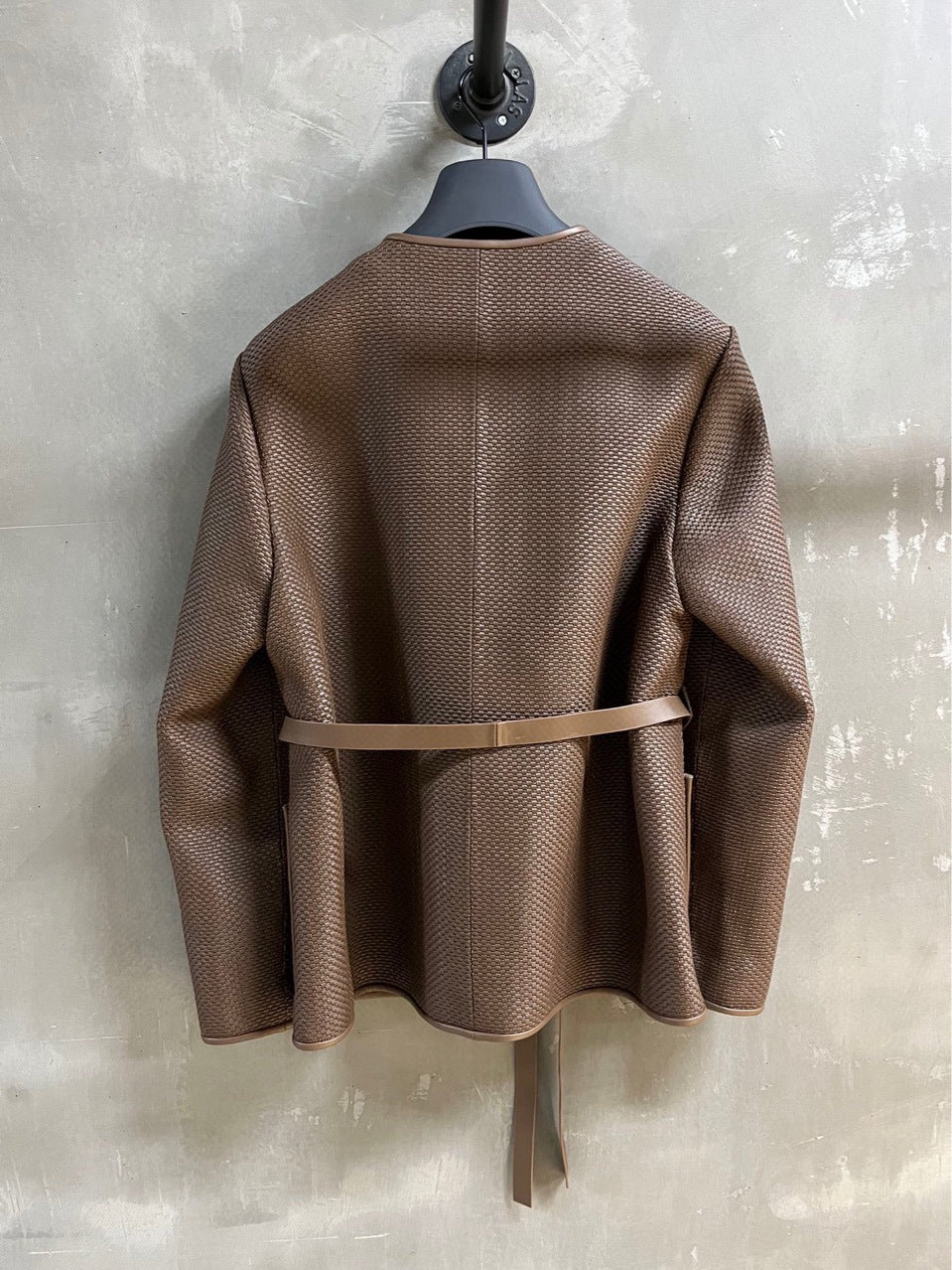 Women Hand Woven Leather Jacket with Open Front Belt