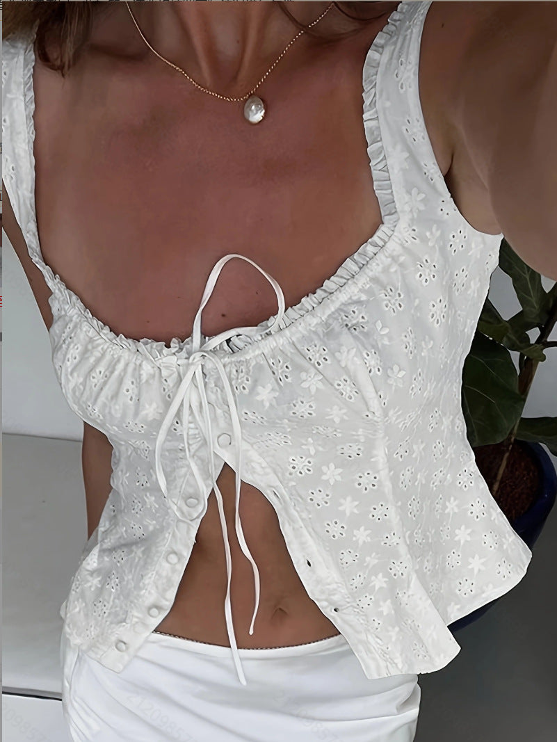 Summer Square Neck Sleeveless Top with Tie Waist