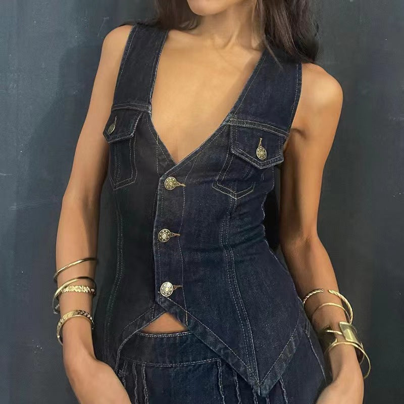 V Neck Denim Vest For Ladies