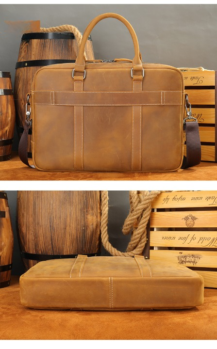 Genuine Leather Office Bag with Trolley Sleeve for Men