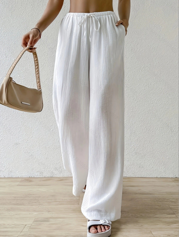 White Cotton Lounge High Waisted Pants for Women with Pockets