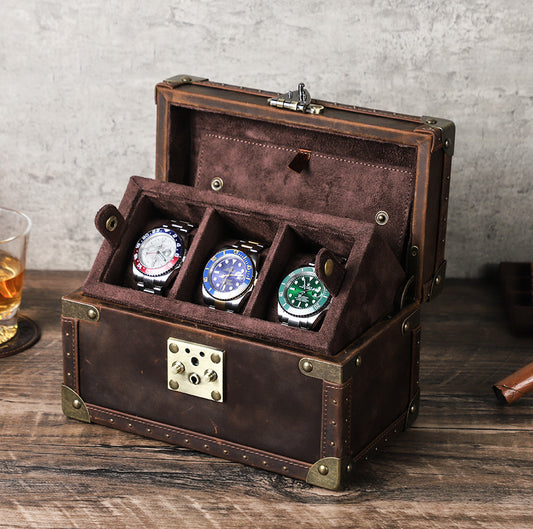 Men's Luxury Leather Watch Display Box with 3 Slot Organizer