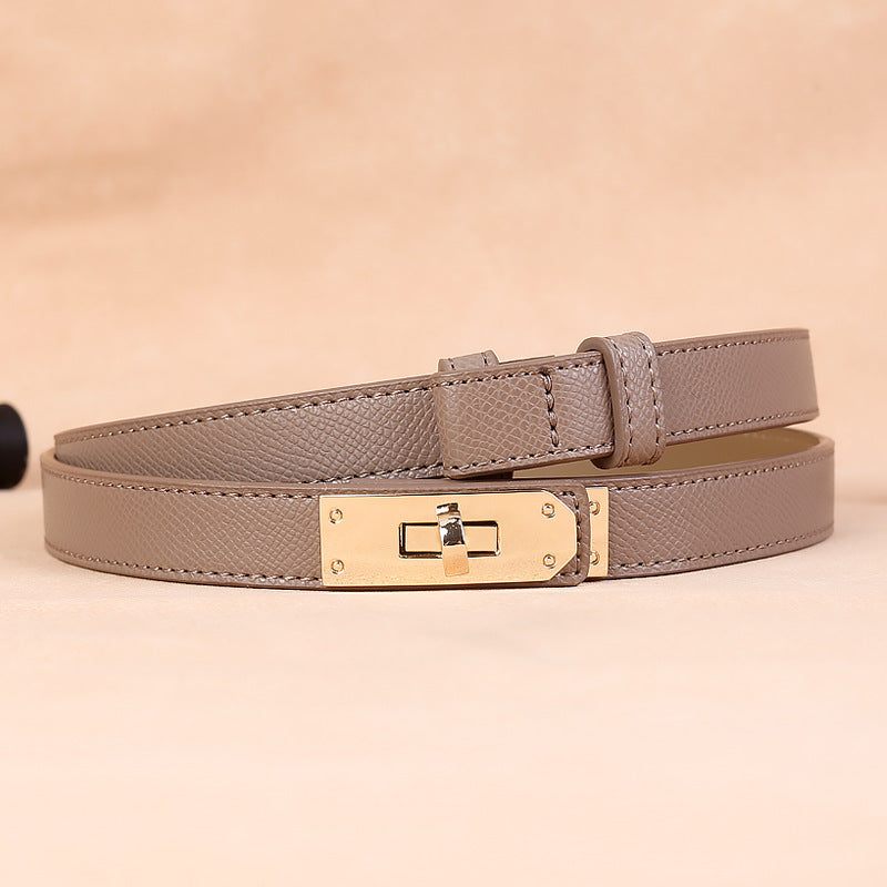 Slim leather belt for women with gold buckle