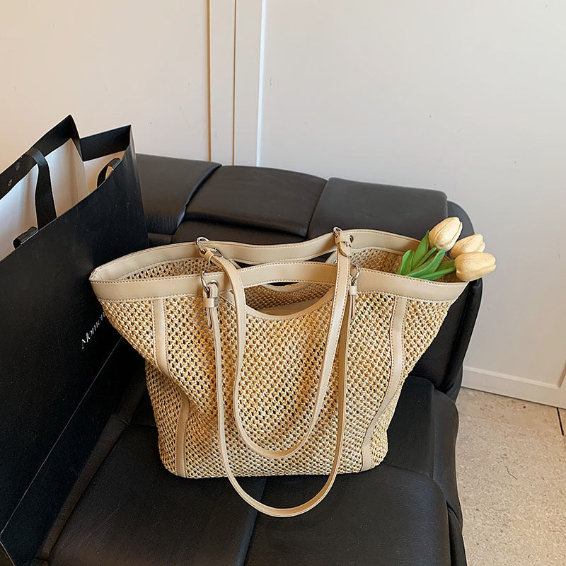 Woven Straw Beach Bag with PU Leather Trim