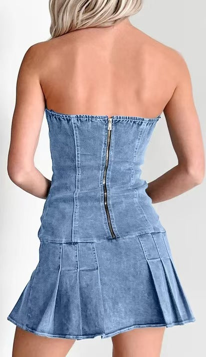 Strapless Lace Up Denim Mini Dress Corset Style