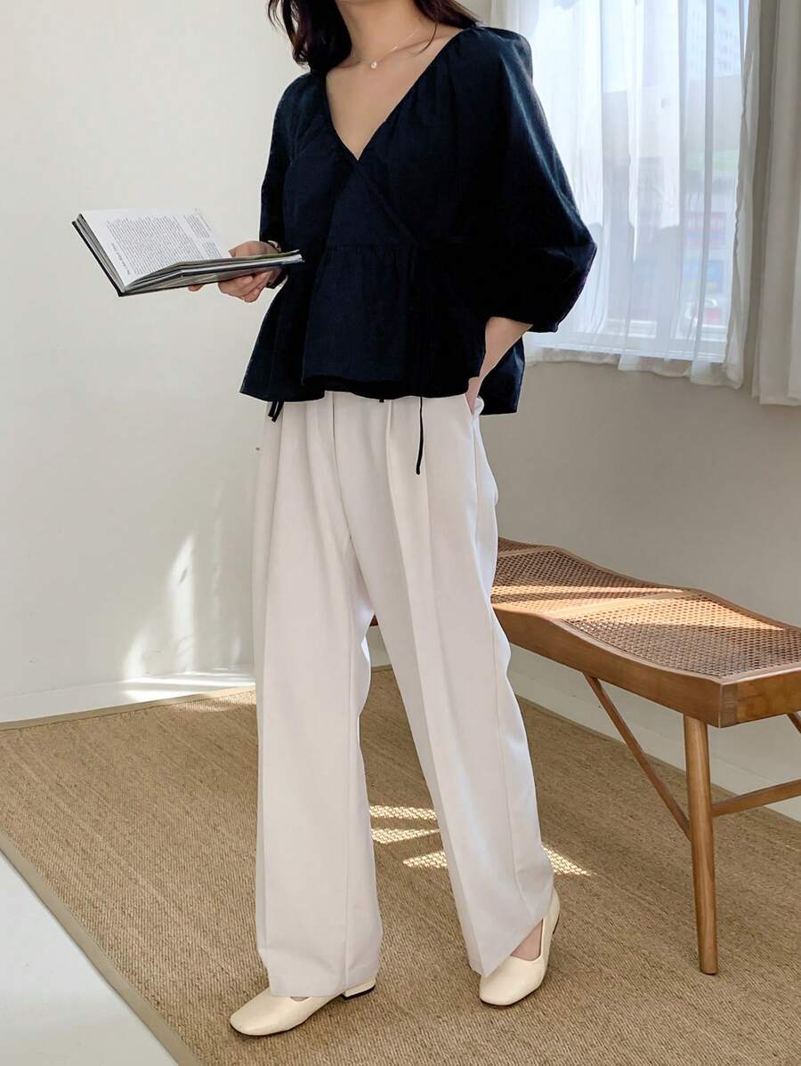Tie Side Bishop Sleeve Wrap Peplum Blouse Shirt