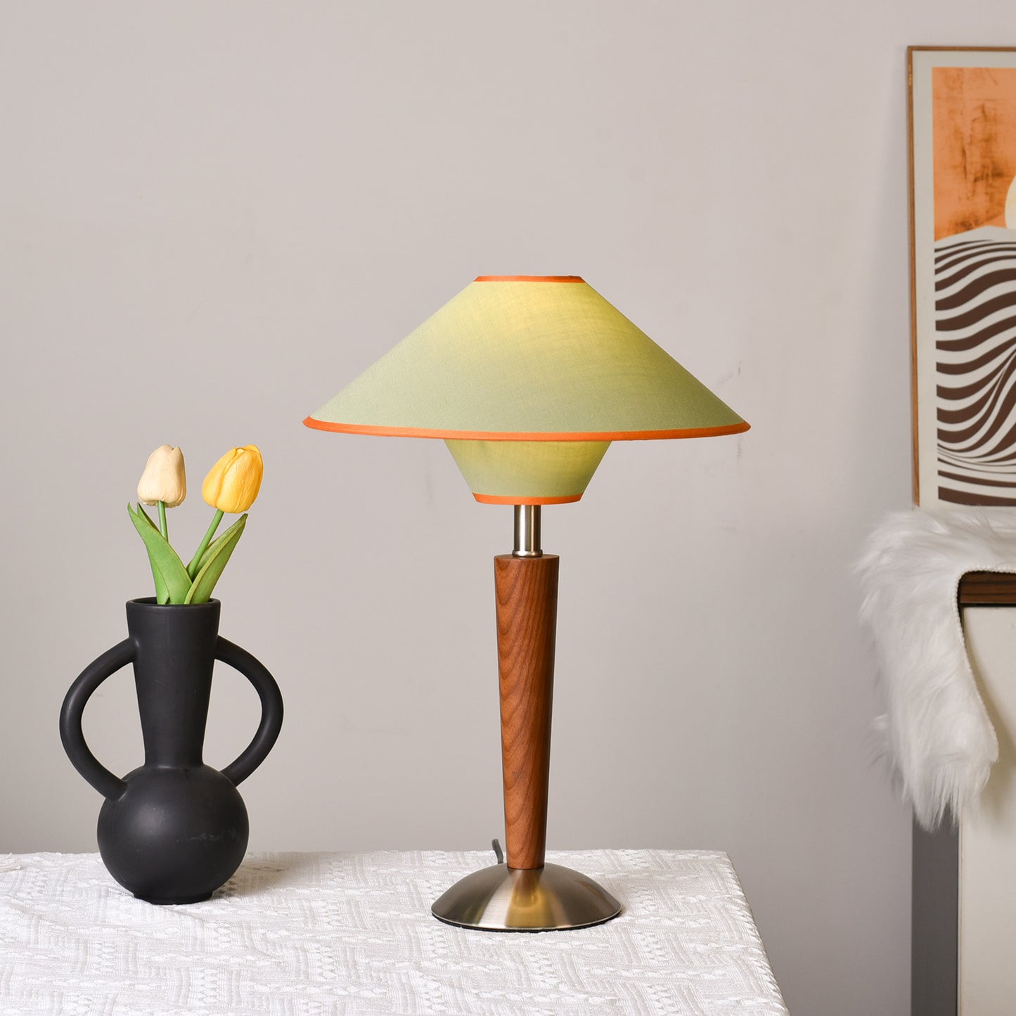Mid Century Modern Wooden Table Lamp Fabric Shade