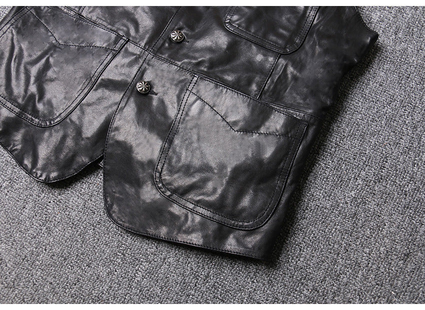 Men Leather Vest Sheepskin Black V-Neck Button Waistcoat