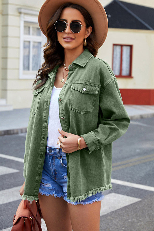 Oversized Lightweight Denim Shirt Jacket With Frayed Hem