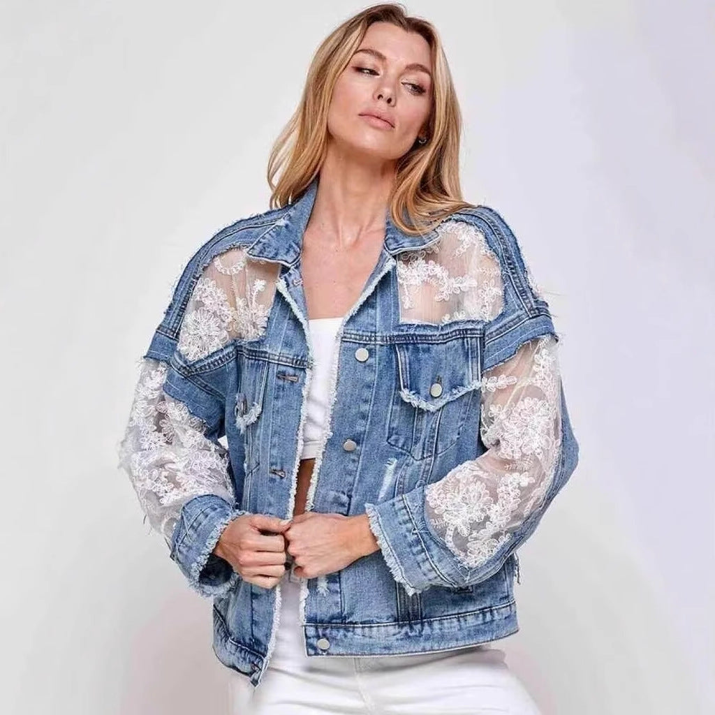 Mesh Spliced Oversized Denim Jacket with Lace Sleeves