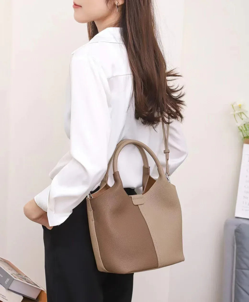 Leather Tote Bag with Dual Handle and Crossbody Strap