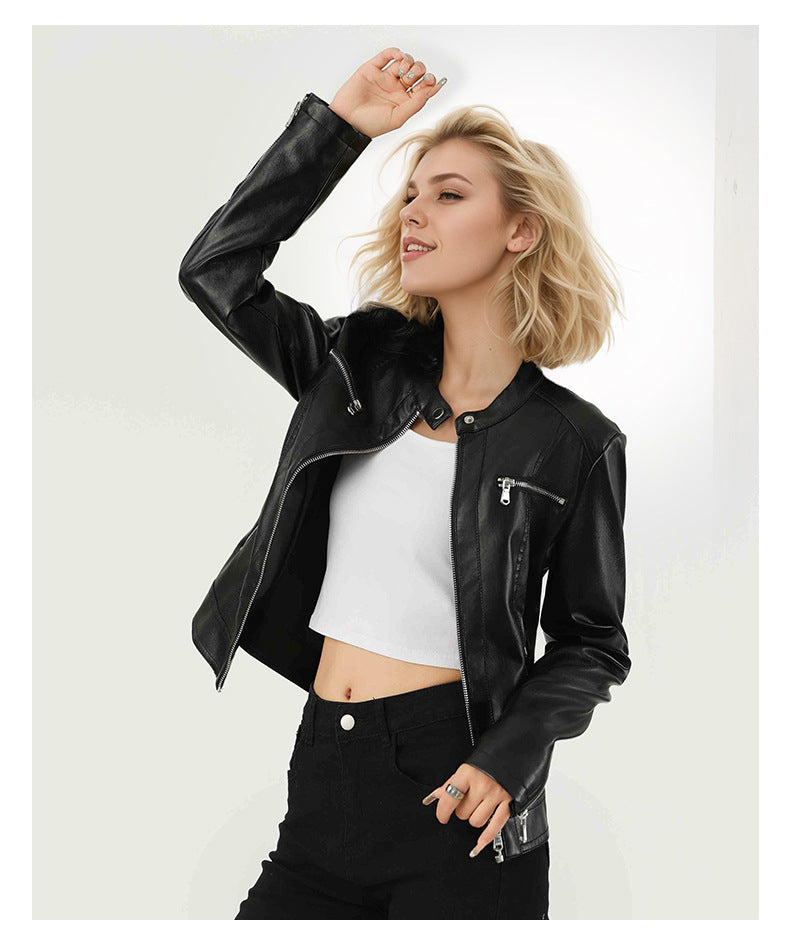 Slim Fit Faux Leather Moto Jacket for Women