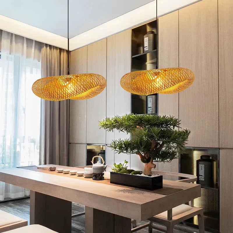 Bamboo Pendant Modern Rattan Chandelier Woven Oval