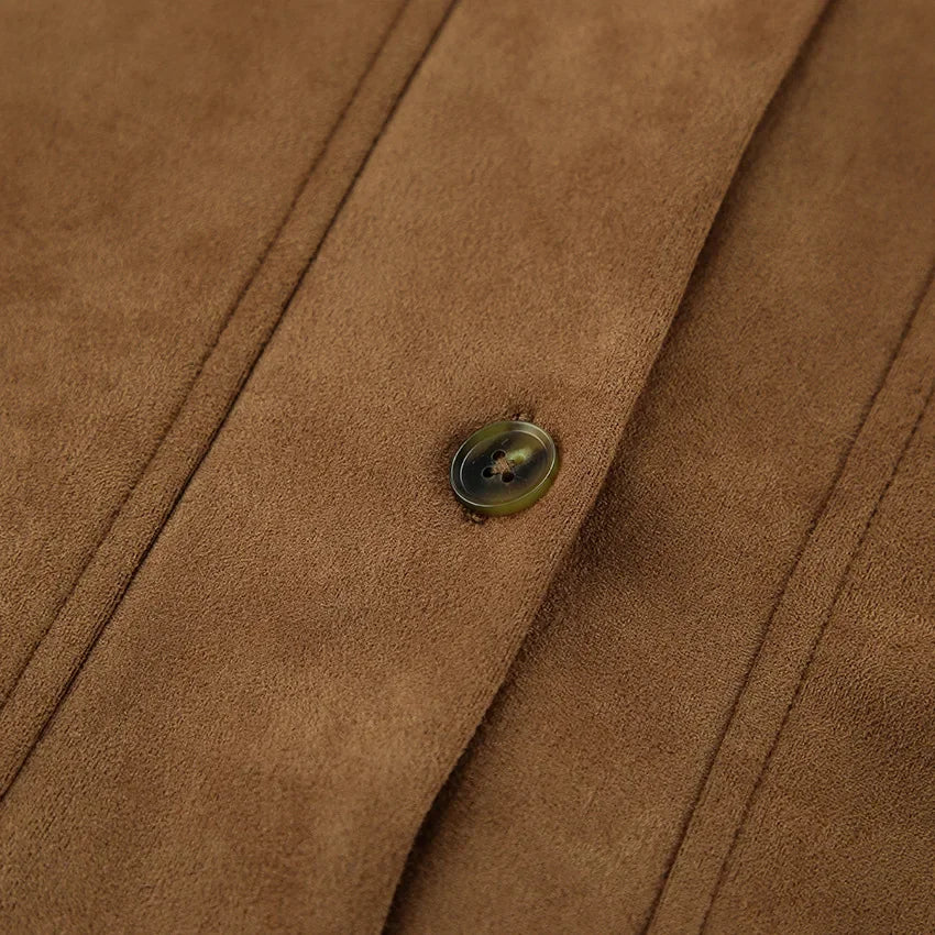 Brown Faux Suede Jacket Women’s Long Sleeve Lapel Coat with Pockets