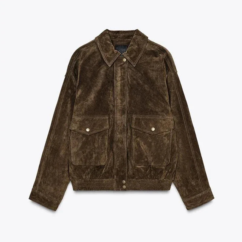 Brown Faux Suede Jacket Women’s Moto Bomber with Pockets