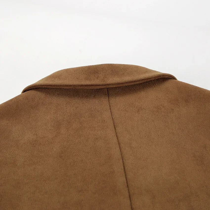 Brown Faux Suede Jacket Women’s Long Sleeve Lapel Coat with Pockets