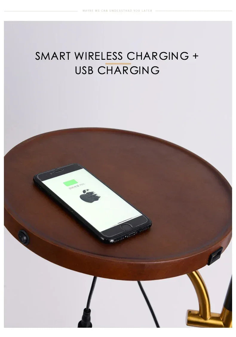 Black Arc Floor Lamp with Tray Table, Wireless Charging & Marble Base