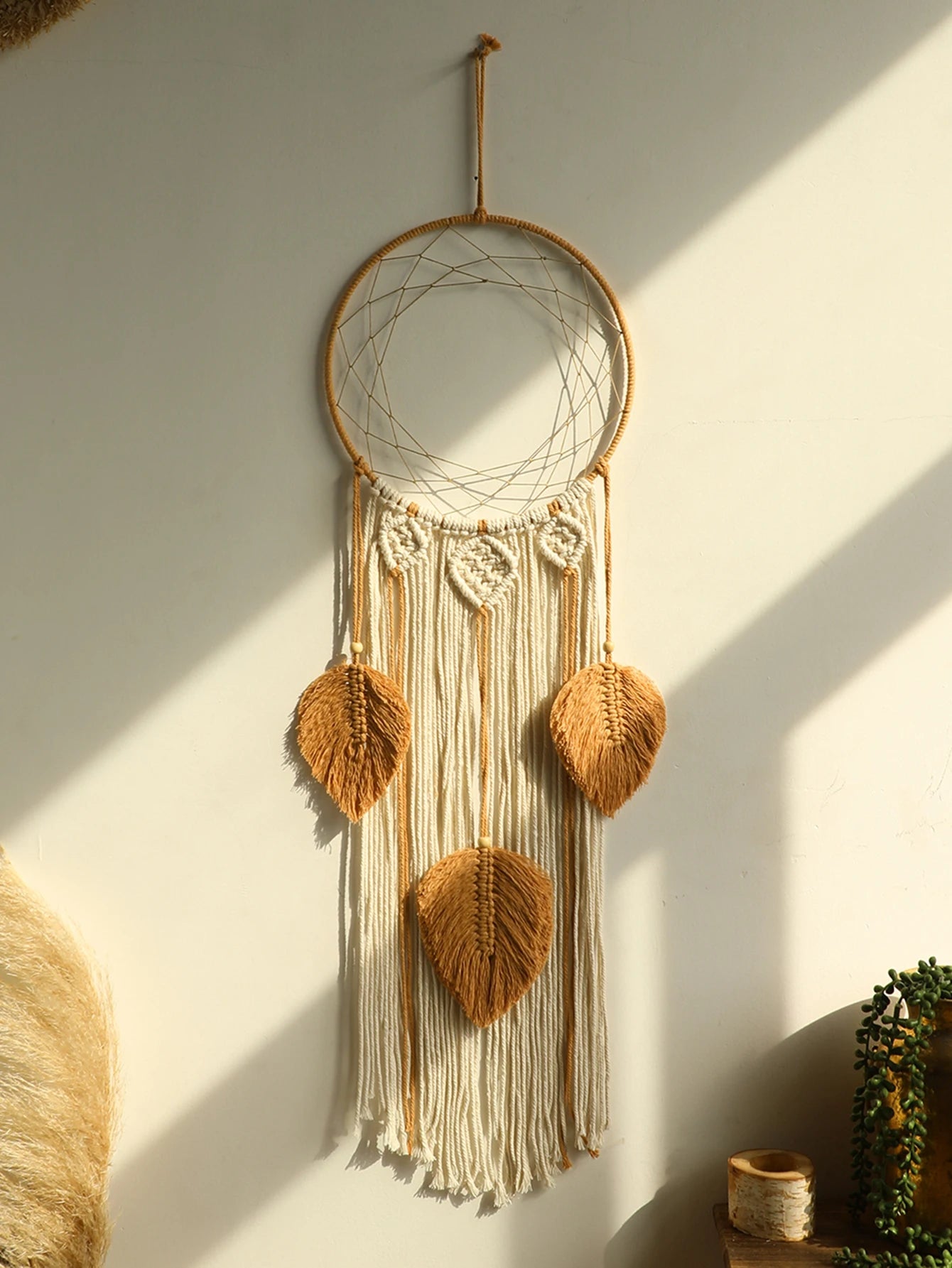 Large Macrame Dream Catcher Wall Hanging with Leaf Tassels