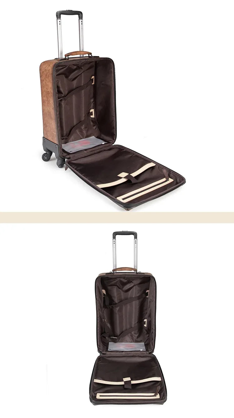 Genuine Leather Spinner Luggage Suitcase Carry-On with Universal Wheels