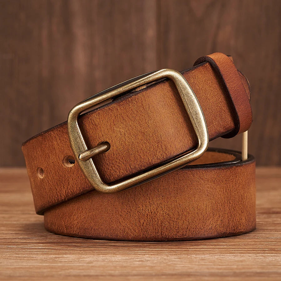 Men's Leather Belt in Brown Cowhide with Copper Pin Buckle