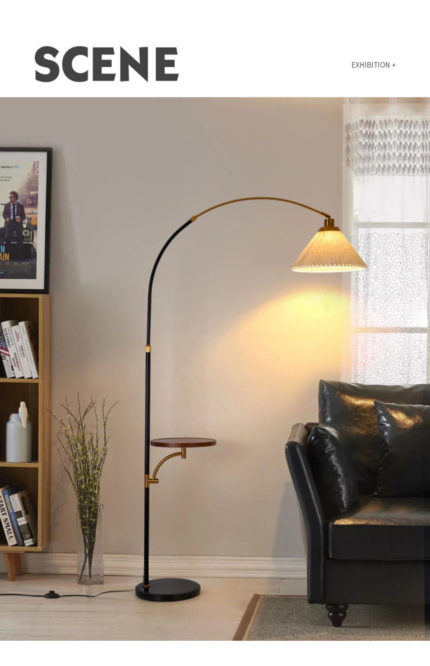 Minimalist Curved Floor Lamp with Pleated Shade