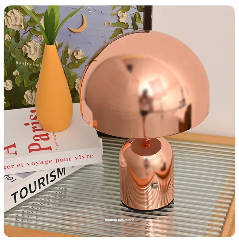 Rechargeable Chrome Mushroom Table Lamp For Bedroom & Desk
