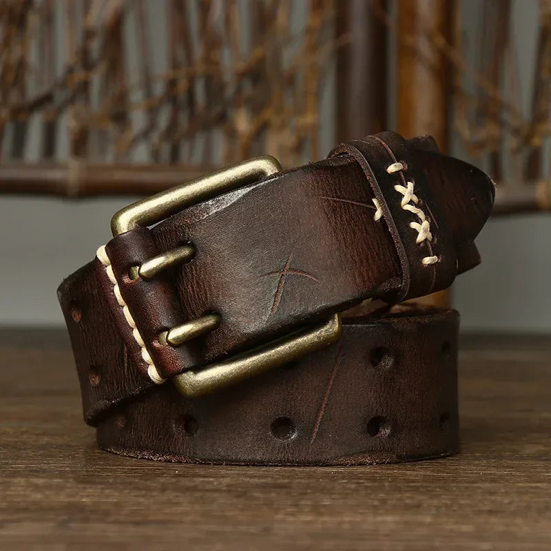 Full Grain Leather Belt for Men Vintage Double Needle Buckle