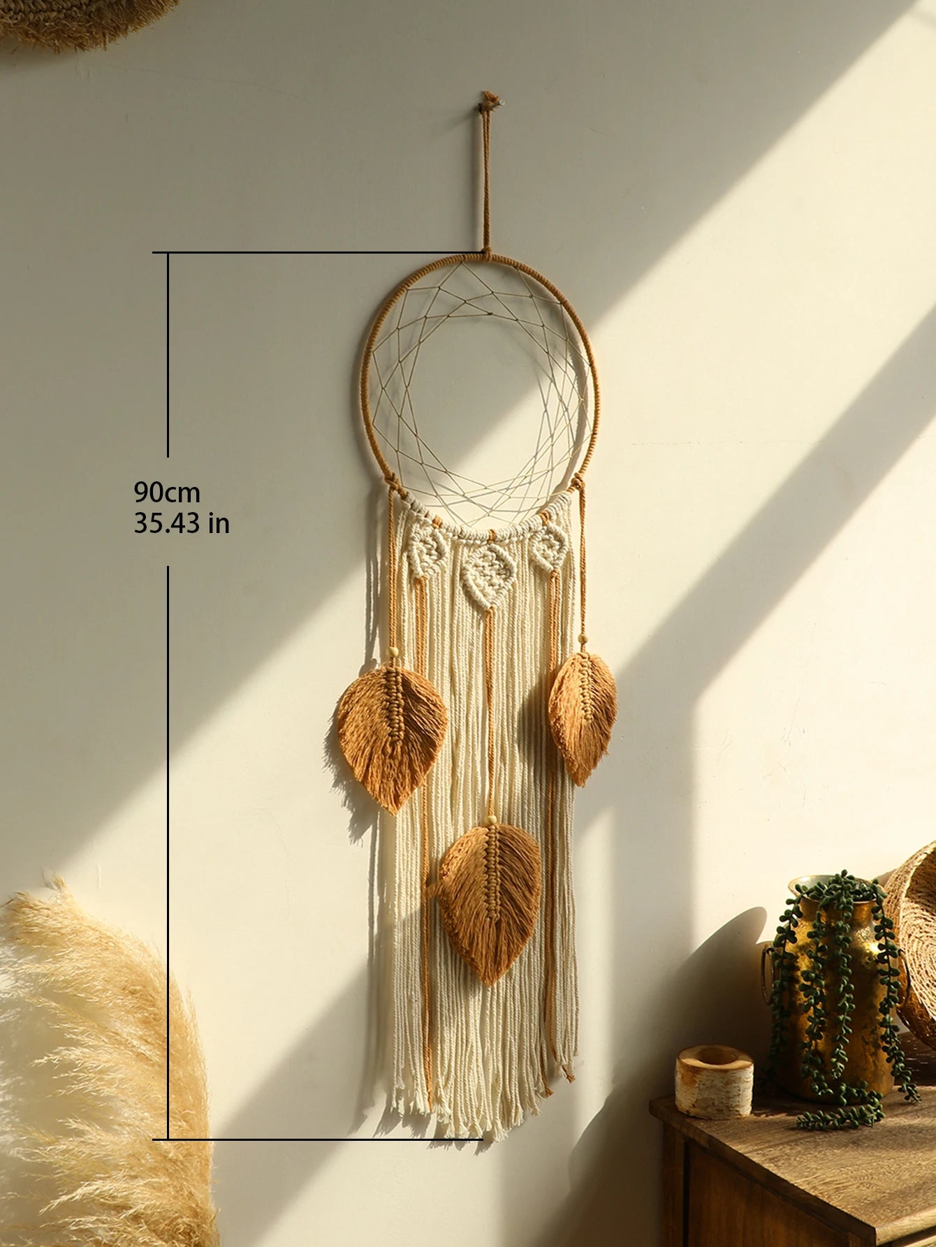Large Macrame Dream Catcher Wall Hanging with Leaf Tassels