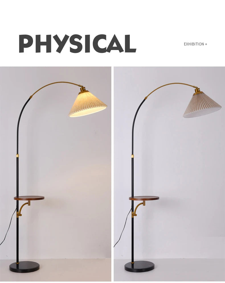 Minimalist Curved Floor Lamp with Pleated Shade
