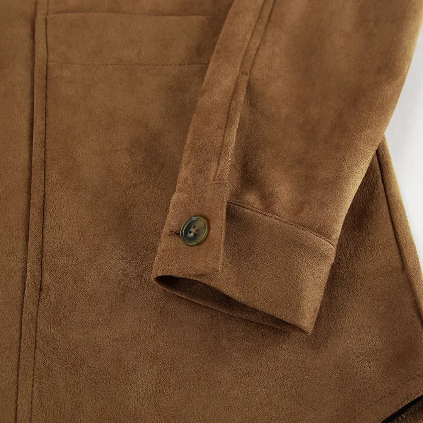 Brown Faux Suede Jacket Women’s Long Sleeve Lapel Coat with Pockets