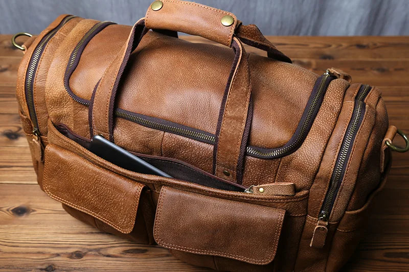 Brown Genuine Leather Duffle Overnight Bag
