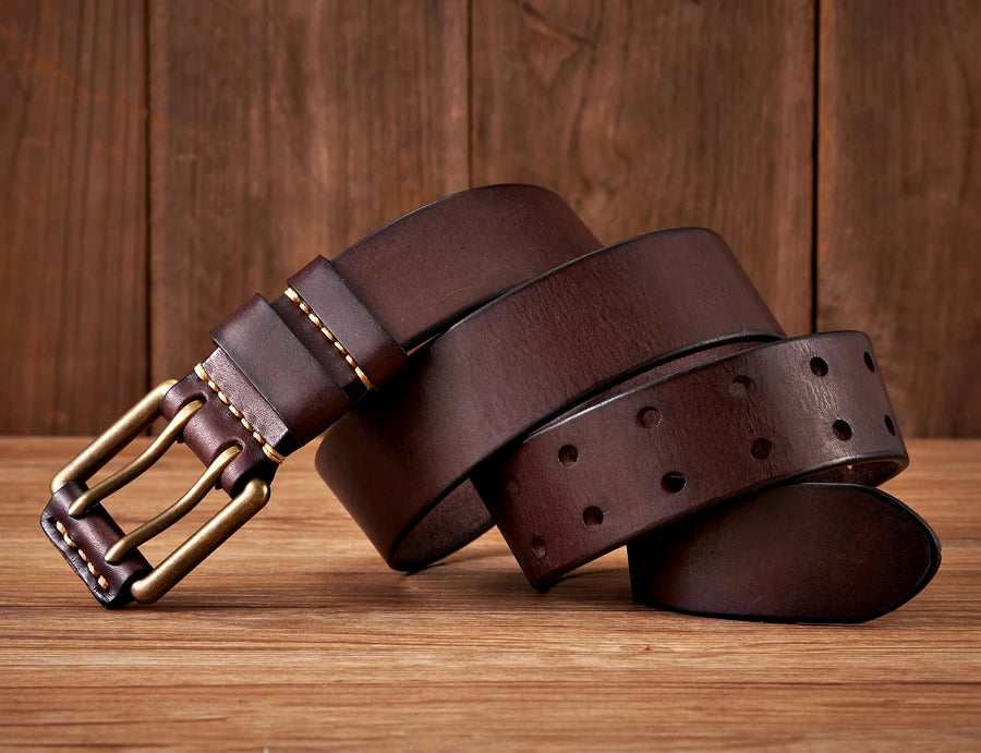 Wide Men’s Leather Belt with Double Needle Buckle