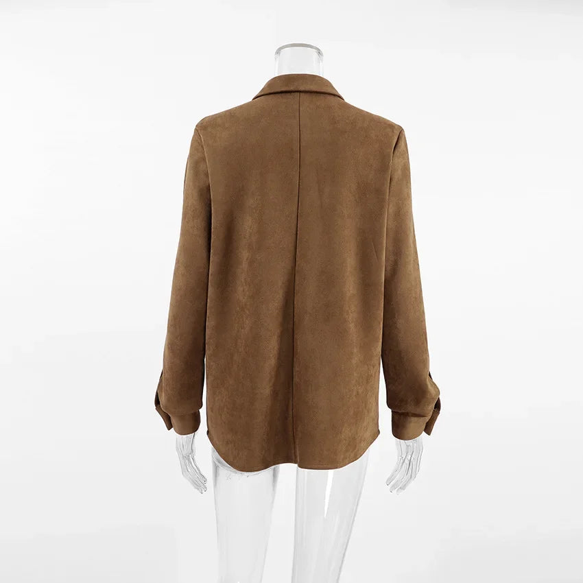 Brown Faux Suede Jacket Women’s Long Sleeve Lapel Coat with Pockets
