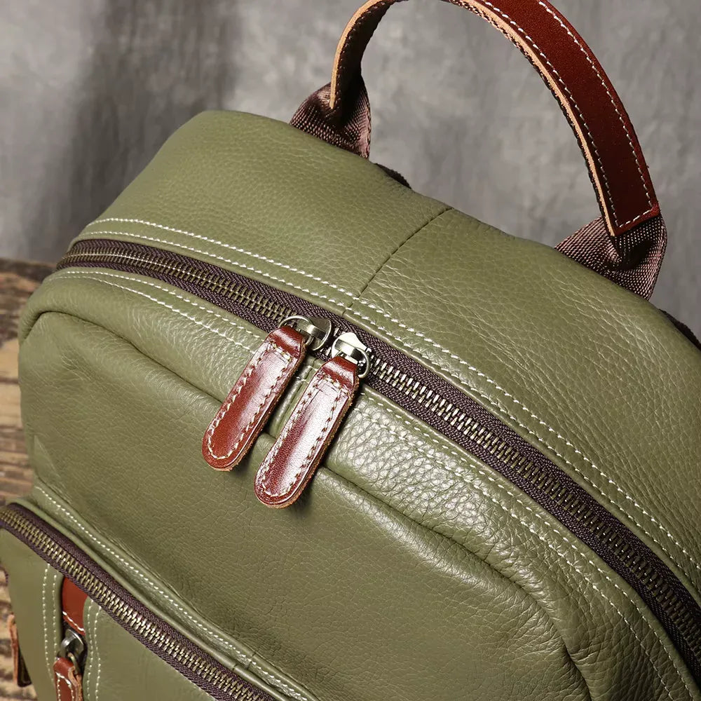 Men’s Olive Green Leather Backpack with Laptop Compartment
