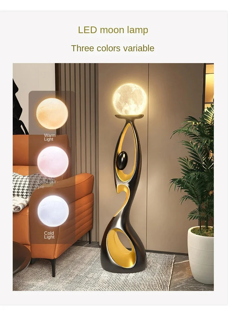 Artistic Resin Standing Light Sculptural Black and Gold Moon Floor Lamp
